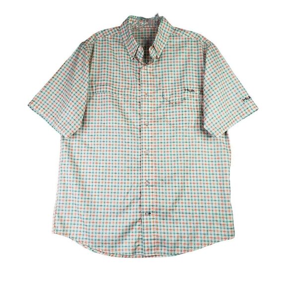 Huk Fishing Shirt Teal Plaid Mens Small S Short Sleeve Button Down Performance - Picture 4 of 12